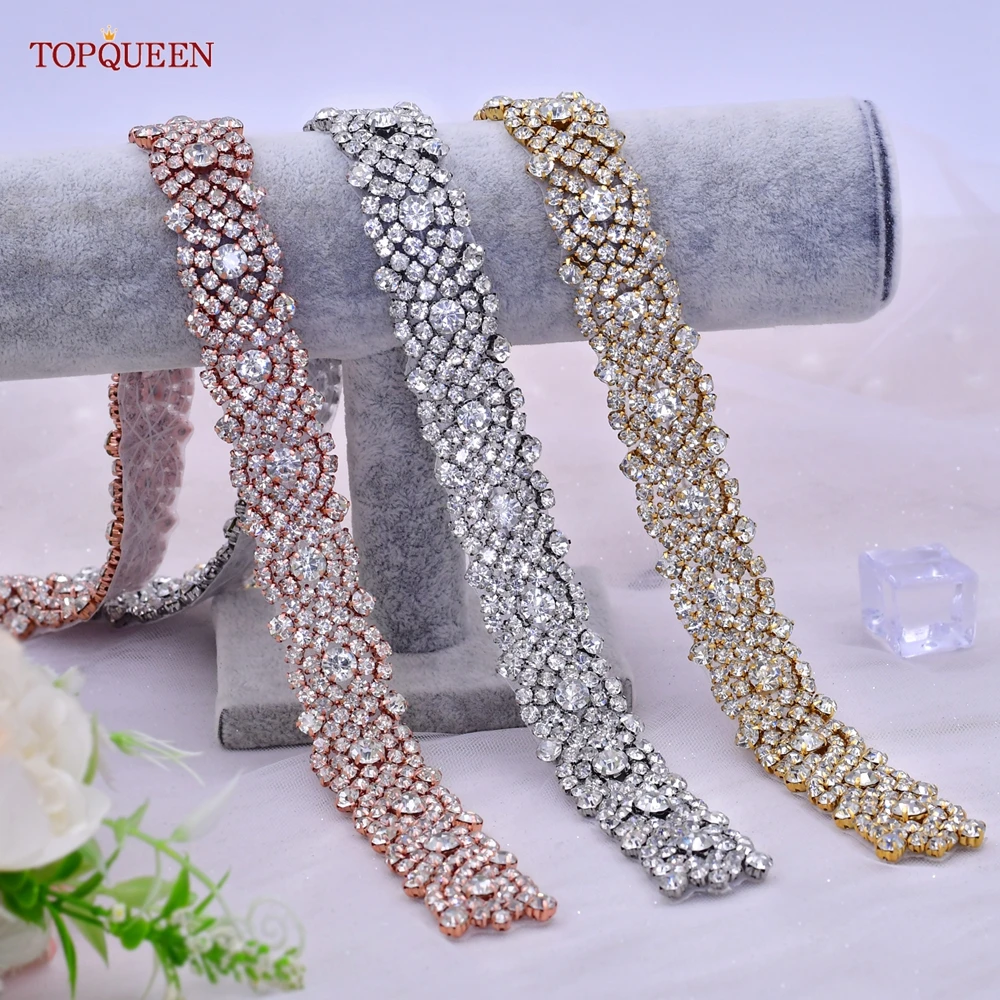 TOPQUEEN S28B Handmade Bridal Crystal Trim Shiny Rhinestone Applique DIY Iron On Wedding Dress Belts Decoration Patch Sparkly