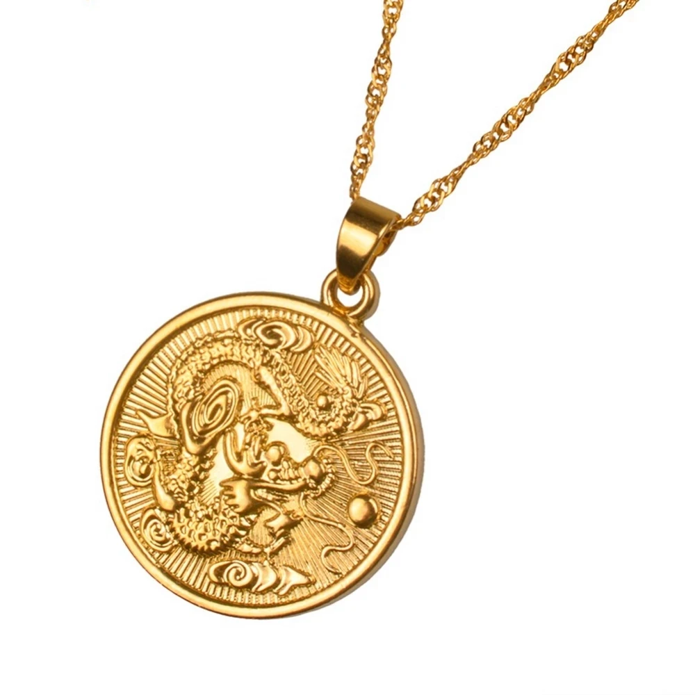 

Round Circle Dragon Pattern Women Men Pendant Chain 18k Yellow Gold Filled Vintage Jewelry Gift