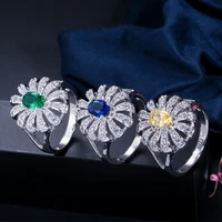 lovely daisy flower green blue zircon crystal white gold color fashion women rings jewelry accessorie