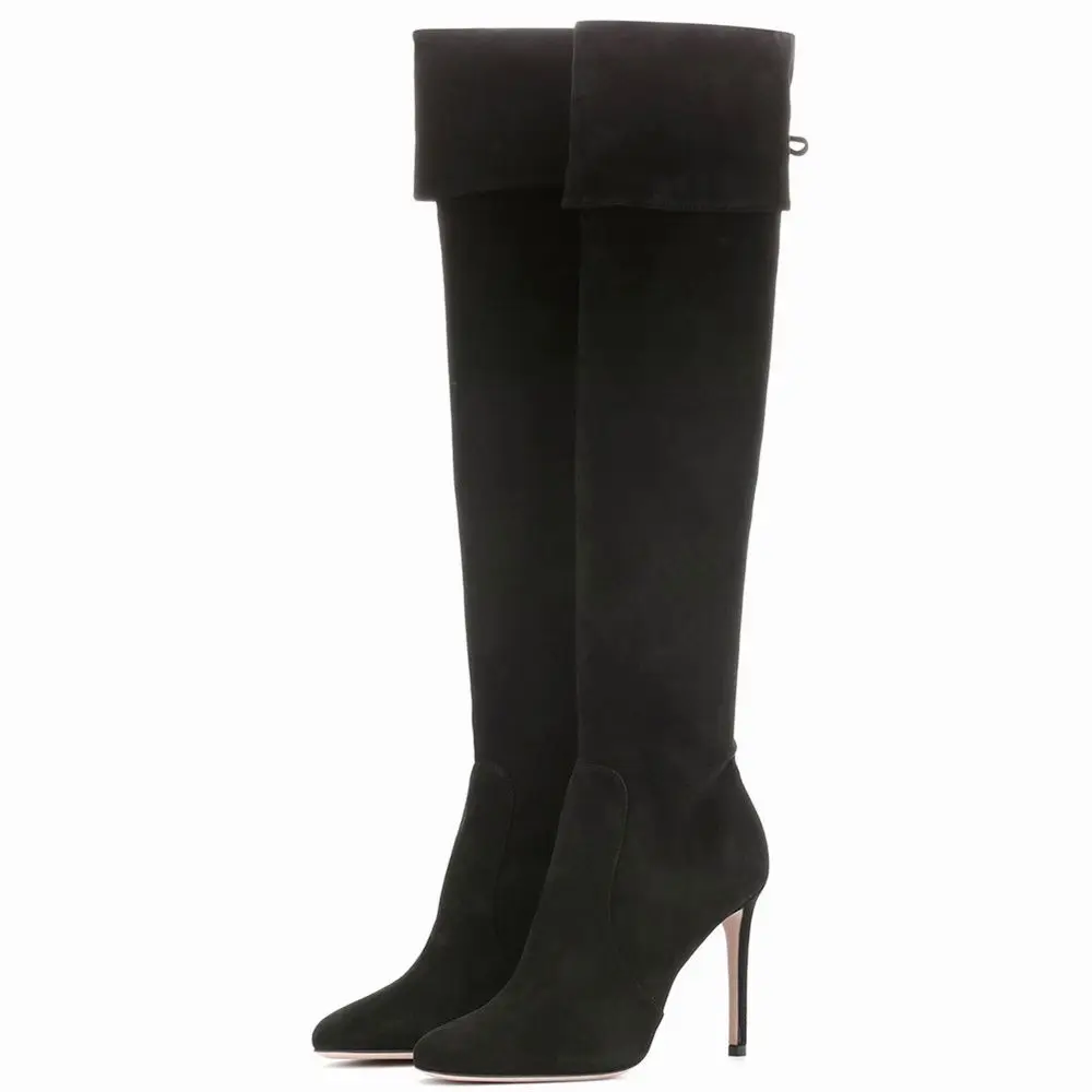 Women High Heel Knee Boots Winter Classic Black Suede Pointed Toe Stiletto Boots Zipper Turned-over Edge Comfort Long Boots