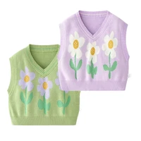 V-neck Vest for Girls Floral Print Baby Knitted Sweater Autumn Pure Cotton Sleeveless Pullover Sweet Korean Childrens Clothing