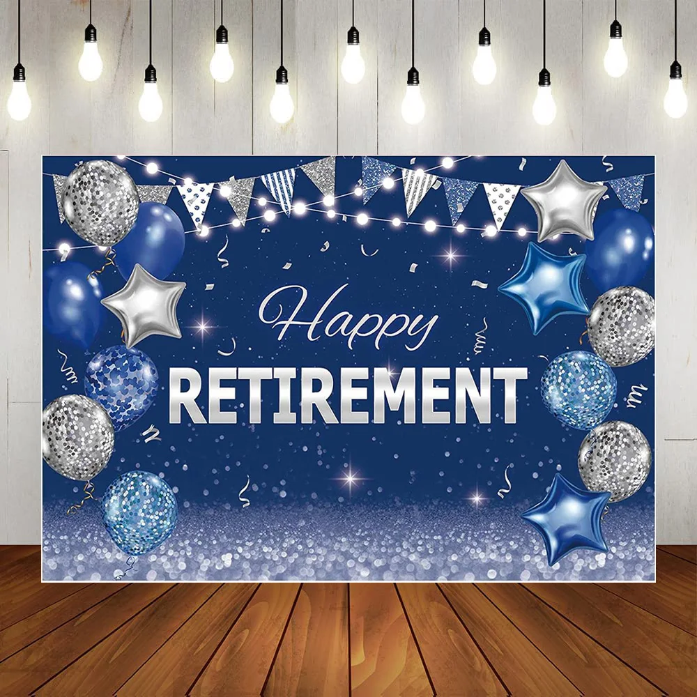 

Синий и серебряный блестящий воздушный шар звезда счастливая пенсия для мужчин женщин стандартный баннер декорация задний фон фотография плакат