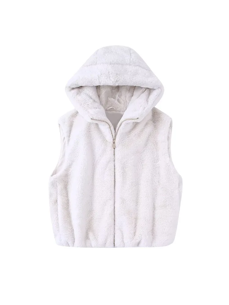 

PB&ZA 6318238 Women 2022 New Fashion Artificial Fur Effect Hooded Waistcoat Vintage Sleeveless Female Vest Coat Tops 6318/238