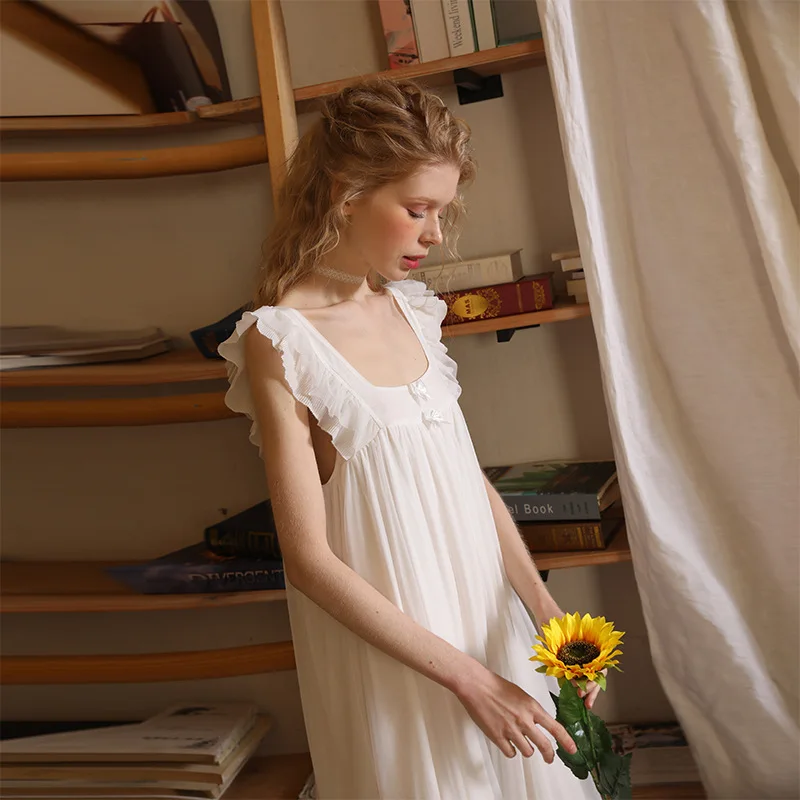 Fairy White Mesh Night Dress Women Summer Sleeveless Sexy Lace Peignoir Victorian Nightgowns Lolita Nightie Princess Sleepwear