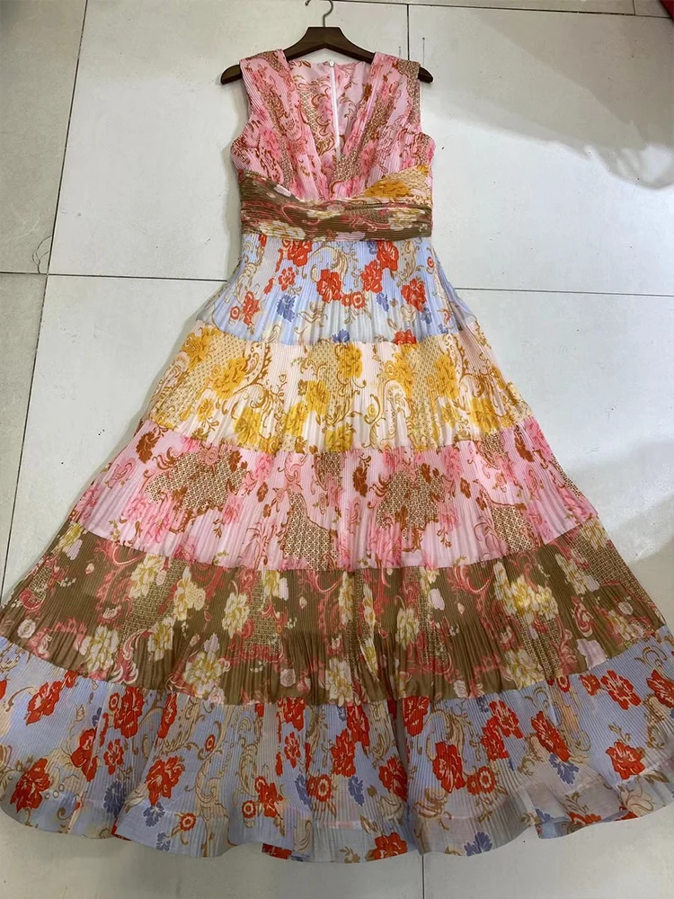 

Ретро дворцовый стиль лето новая мода легкий роскошный нишевый французский V-образный вырез с принтом шить плиссированный жилет пушистое п...