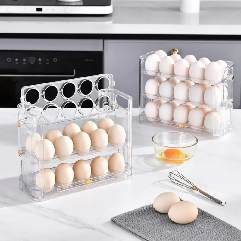 

Flip-type Egg Holder Transparent Automatic Turnover Reversible Egg Box Side Door Eggs Storage Box Stand Kitchen Organizer
