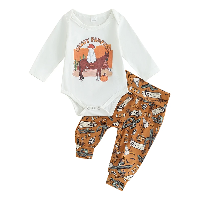 

Детские комплекты брюк на Хэллоуин для девочек, белый комбинезон с длинным рукавом и надписью лошади, комплекты брюк с принтом призрачной тыквы