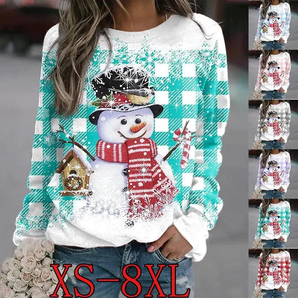 

2022 Women's Autumn Winter Christmas Top T-shirt Long Sleeve Round Neck Snowman Christmas Print Pullover S-6XL