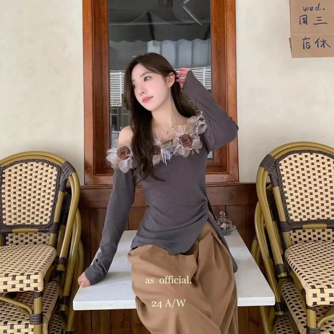 Корейские модные милые топы с разрезом осенне-зимние женские вечерние