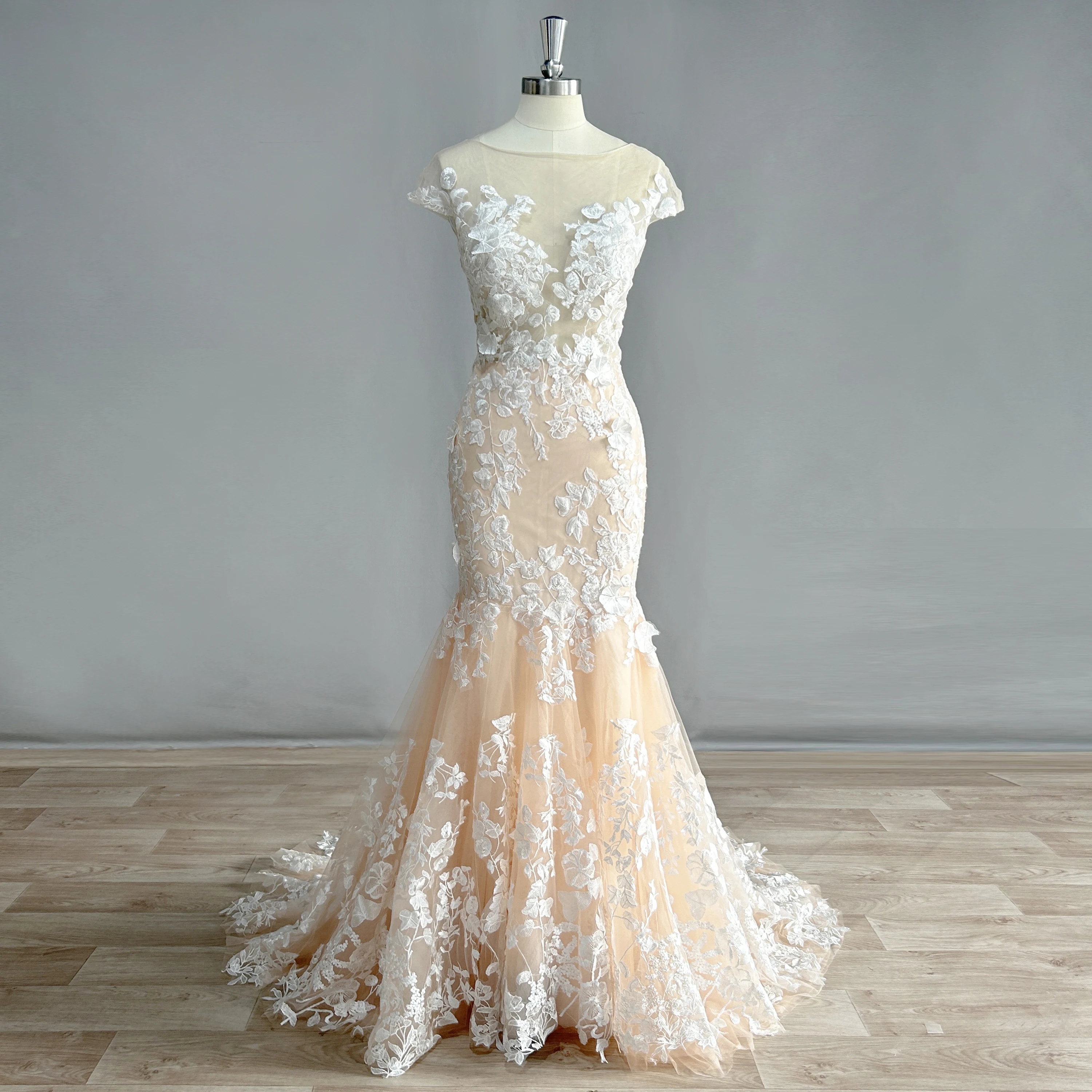 

DIDEYTTAWL Real Photos Cap Sleeves Mermaid Wedding Dress Backless Lace Appliques Bridal Gown