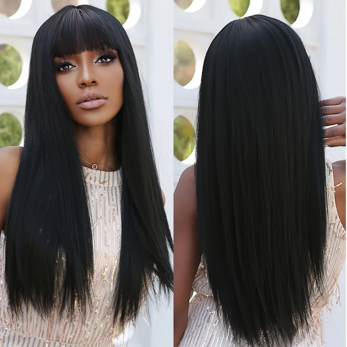 

Long Dark Black Straight Synthetic Wigs with Full Bangs for Black Women Natural Hairs Wig Daily Cosplay Heat Resistant Fiber Use