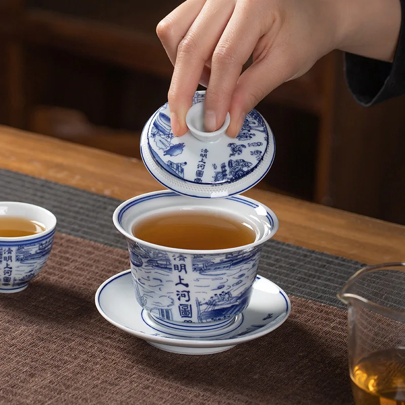 Фото Чашка для чая Gaiwan Qingming Shanghe, карта, вращающаяся вода, защита от ожогов, чаша из трех предметов, бытовой фарфоровый набор для кунг-фу №3