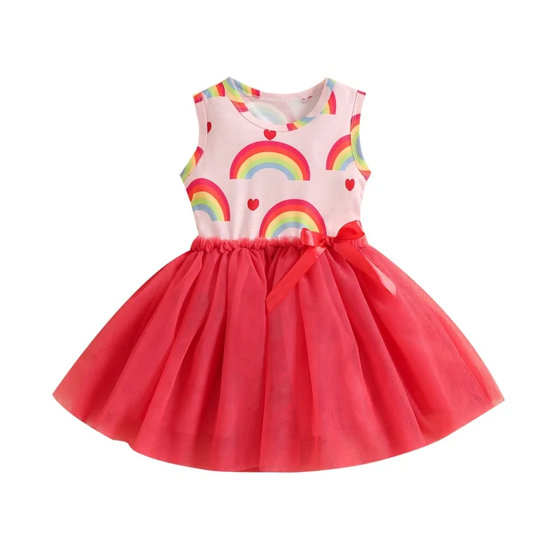 

Baby Girl A-Lined Dress Sleeveless Round Neck Rainbow Print Mesh Dress Summer Casual Red Midi Dress