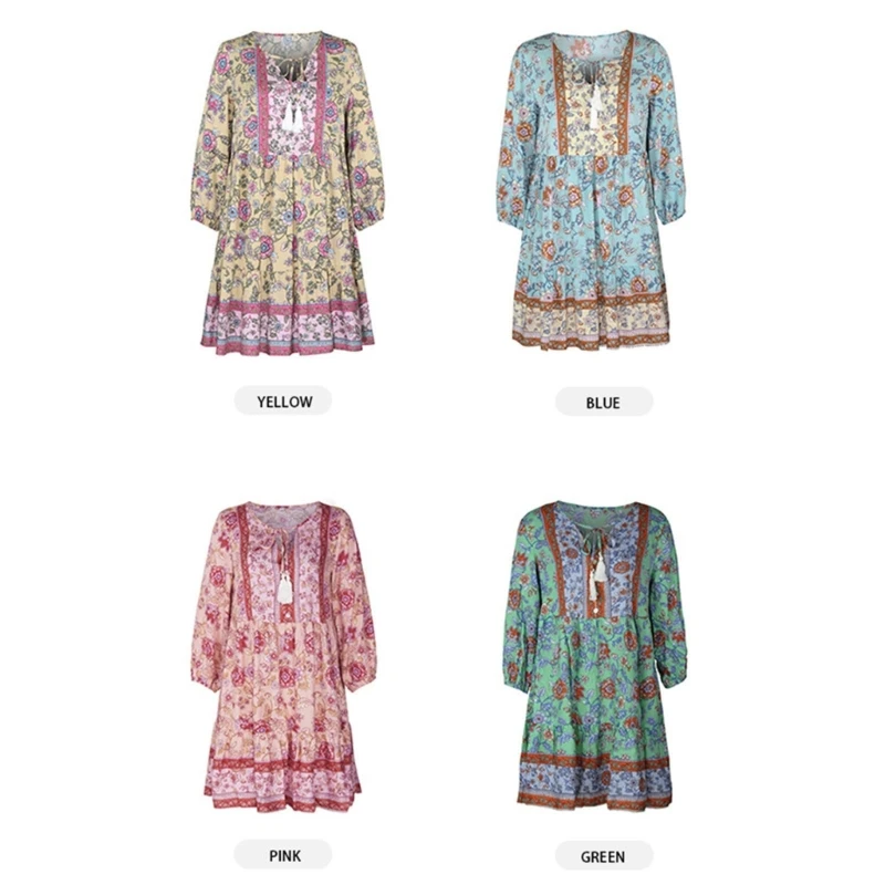 

Women 3/4 Sleeve Tie V-Neck Ethnic Floral Casual Loose Ruffle Flowy Mini Dress N7YD