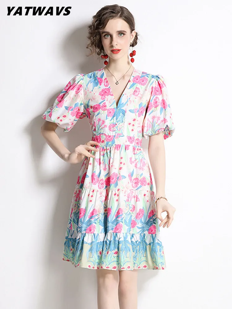 

Runway Vintage Floral Print Summer Dresses Women Elegant V Neck Lantern Sleeve High Waist Boho Ruffles Holidays Mini Dress