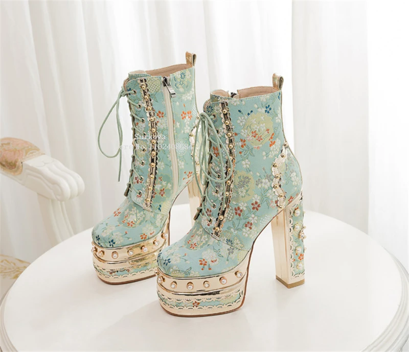 Women's Luxury Floral Platform Ankle Boots Pearl Studded Crystal Chunky Heels Mixed Colors Shoes Embroidered Lace Up Royal Boots