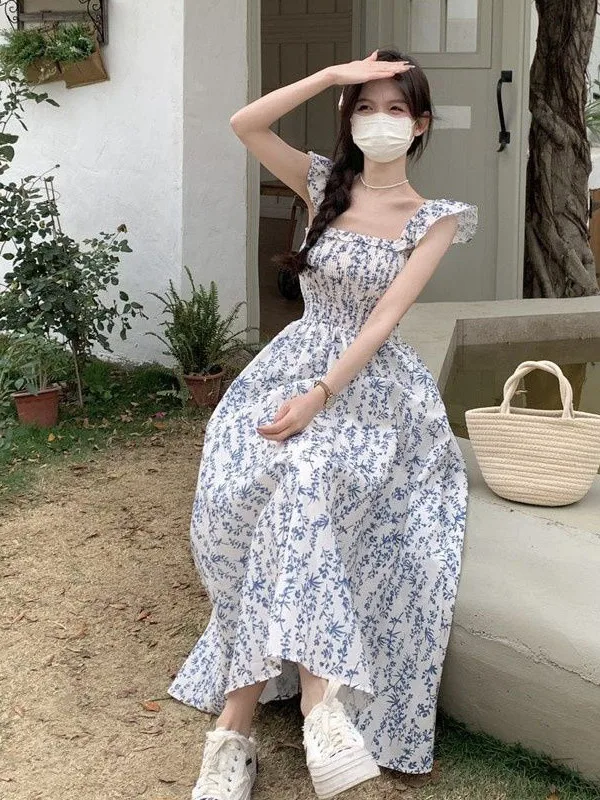 Новинка 2024 стильное свежее и милое приталенное синее платье с разрезом длинное