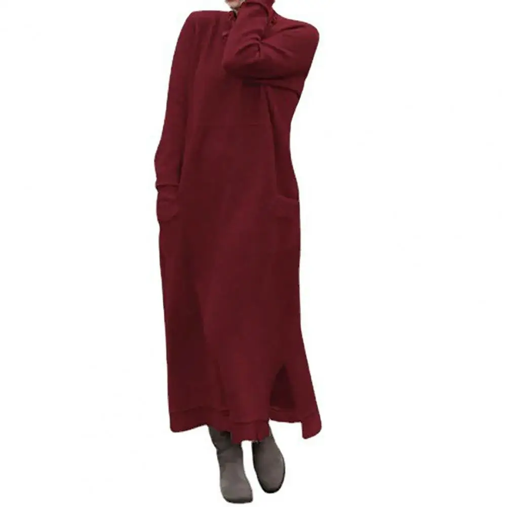 

O-Neck Long Sleeve Lace Stitching Trim Pockets Fleece Lining Sweatshirt Dress Autumn Winter Solid Color Autumn Sundress Vestidos