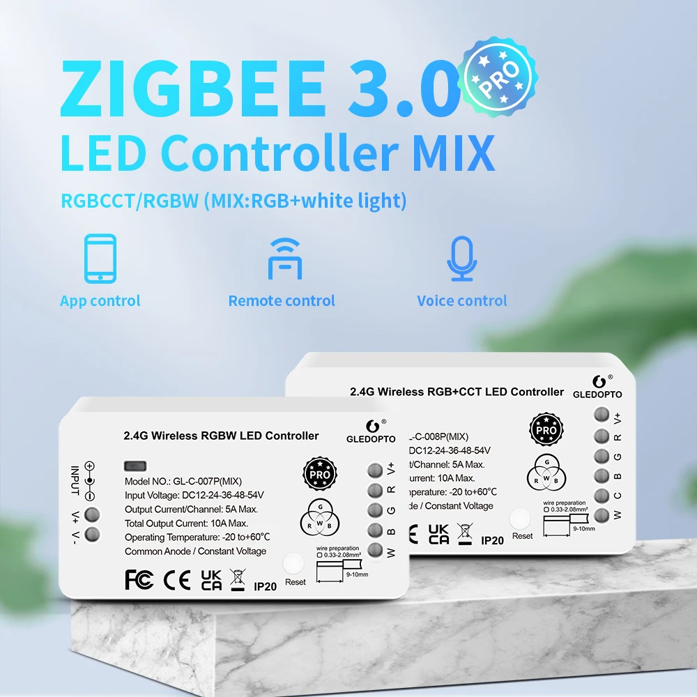 

GLEDOPTO ZigBee 3.0 LED Strip Controller RGBCCT RGBW Pro White Light Mix Homey Alexa Echo Tuya SmartThings App RF Remote Control
