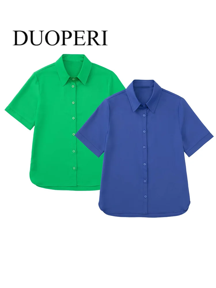 

DUOPERI Women Fashion Short Sleeve Blouses Vintage Button-up Female Shirts Outfits Chic Tops