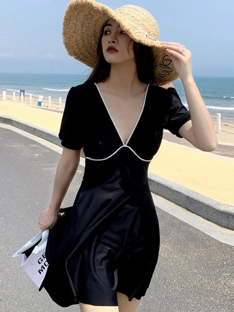 

2022 Swimsuit Women One-piece Skirt Increase Black Slimming Cover Belly Conservative Sexy Backless Swimwear Dress Vestidos Swim