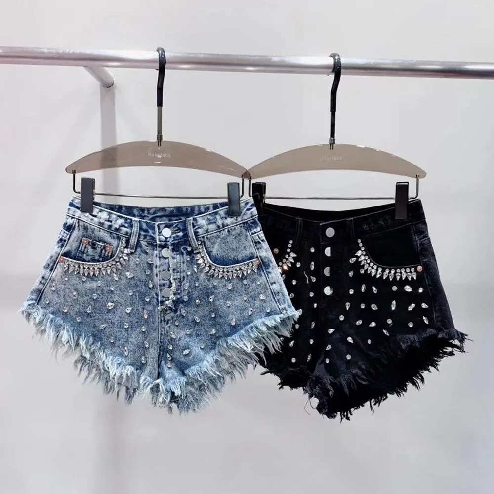 Design Sense Exquisite Rhinestone Raw Edge Denim Shorts Female Summer New Loose Slimming High Waist Wide Legs A-line Booty Pants