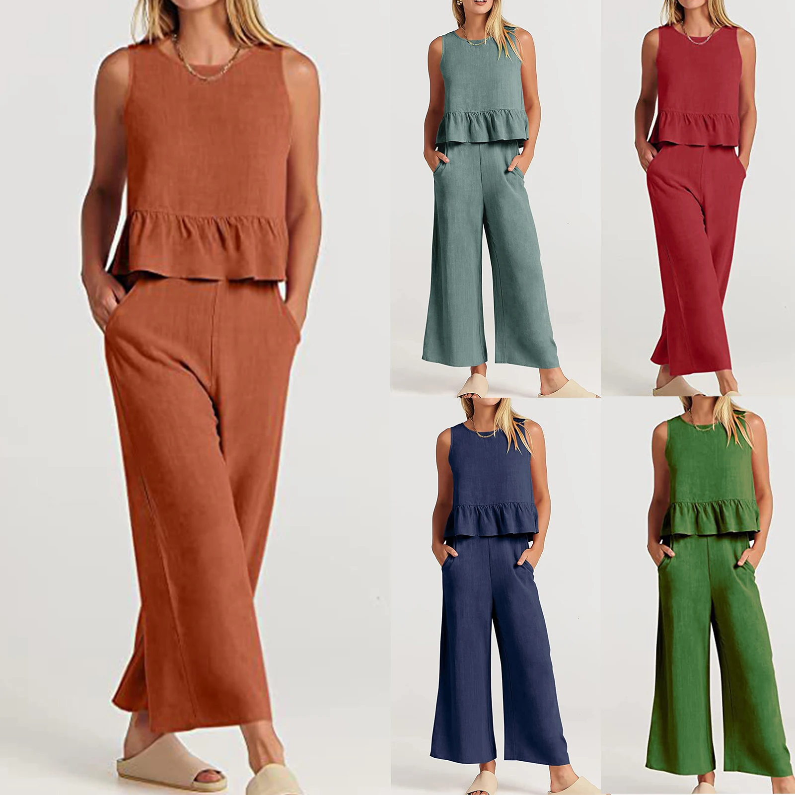 

2023 Summer Casual Cotton Pants Set Square Neck Sleeveless Top+ Wide Leg Long Pants 2 Piece Outfits Fashion Outfits