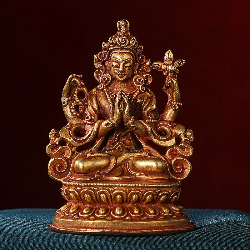 

7cm Four-arms Guanyin Exquisite Copper Retro Carving Tranic Home Putting Decorate Bodhisattva Figurine