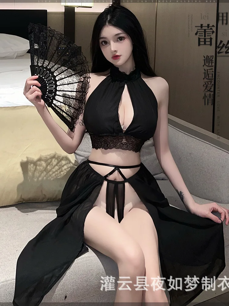 

Новинка, женский кружевной сексуальный комплект с юбкой без рукавов, очаровательный элегантный дышащий пуловер LYQC с вытягивающей талией и бантом