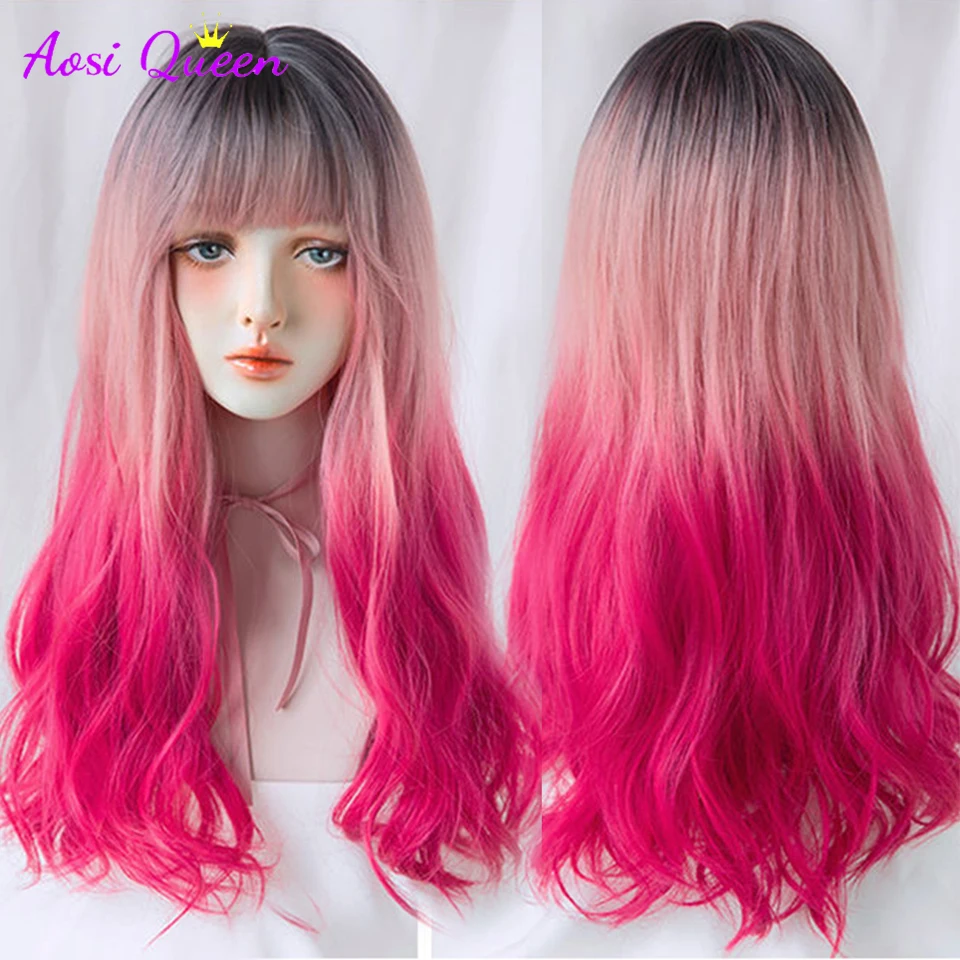 

AS New wigs for Long Straight Hair Synthetic Wigs for Women for Daily Anime black on the top of the head haze blue Cosplay Part