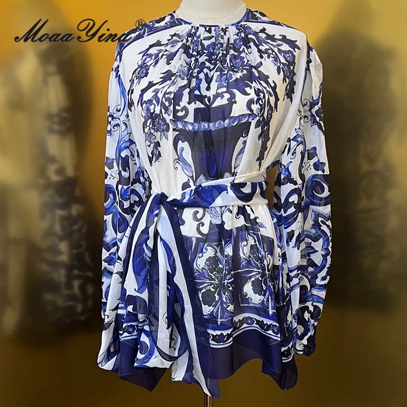 

MoaaYina Summer Fashion Designer Vintage Blue And White Porcelain Printing Dress Women's Lantern Sleeve Frenulum Slim Mini Dress