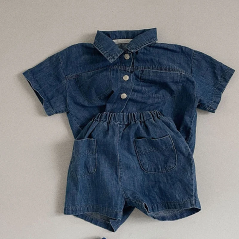 

Toddler Baby Boys Girls Clothes Suit Denim Short Sleeved Shirt+Shorts Korean Style 0-5Yrs Baby Boys Girl Clothing Set For Summer