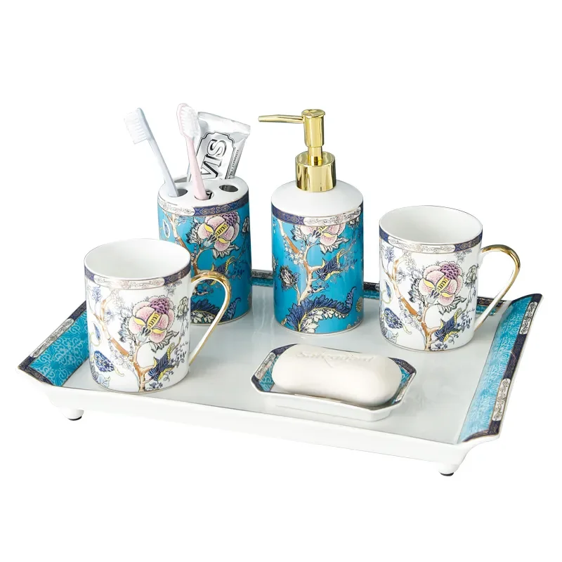 

Ceramic washing set, mouthwash cup, bathroom, household bathroom, six-piece set, bathroom, bath with tray