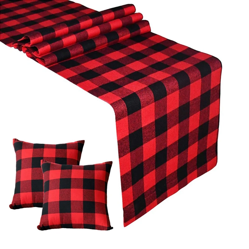 

2 шт. Рождественская красно-черная клетчатая наволочка для подушки Чехол для подушки и 1 шт. клетчатая скатерть из хлопка в черно-красную кле...