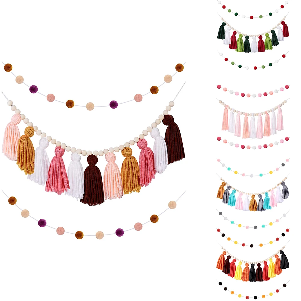 

BEAU-Boho Tassel Garland Tassel Wall Hanging Decor Pastel Tassel Banner With Wood Beads And 2 Pieces Colorful Pom Pom