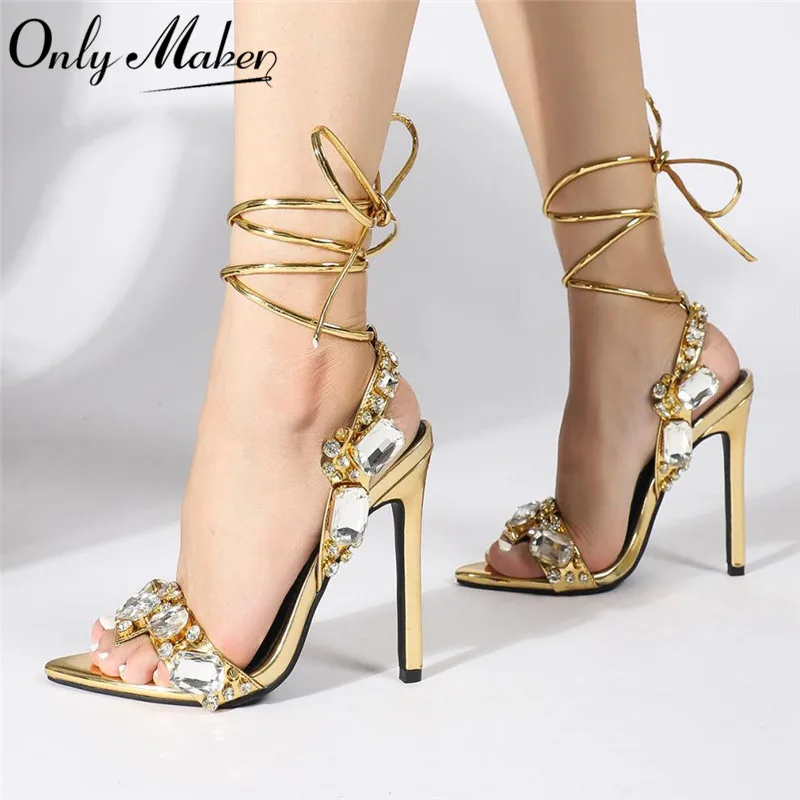 Onlymaker Women Crystal Lace-Up Stiletto High Heel Sandals Multicolor Peep Toe Gold Cross Strap Party Dress Summer Sandals