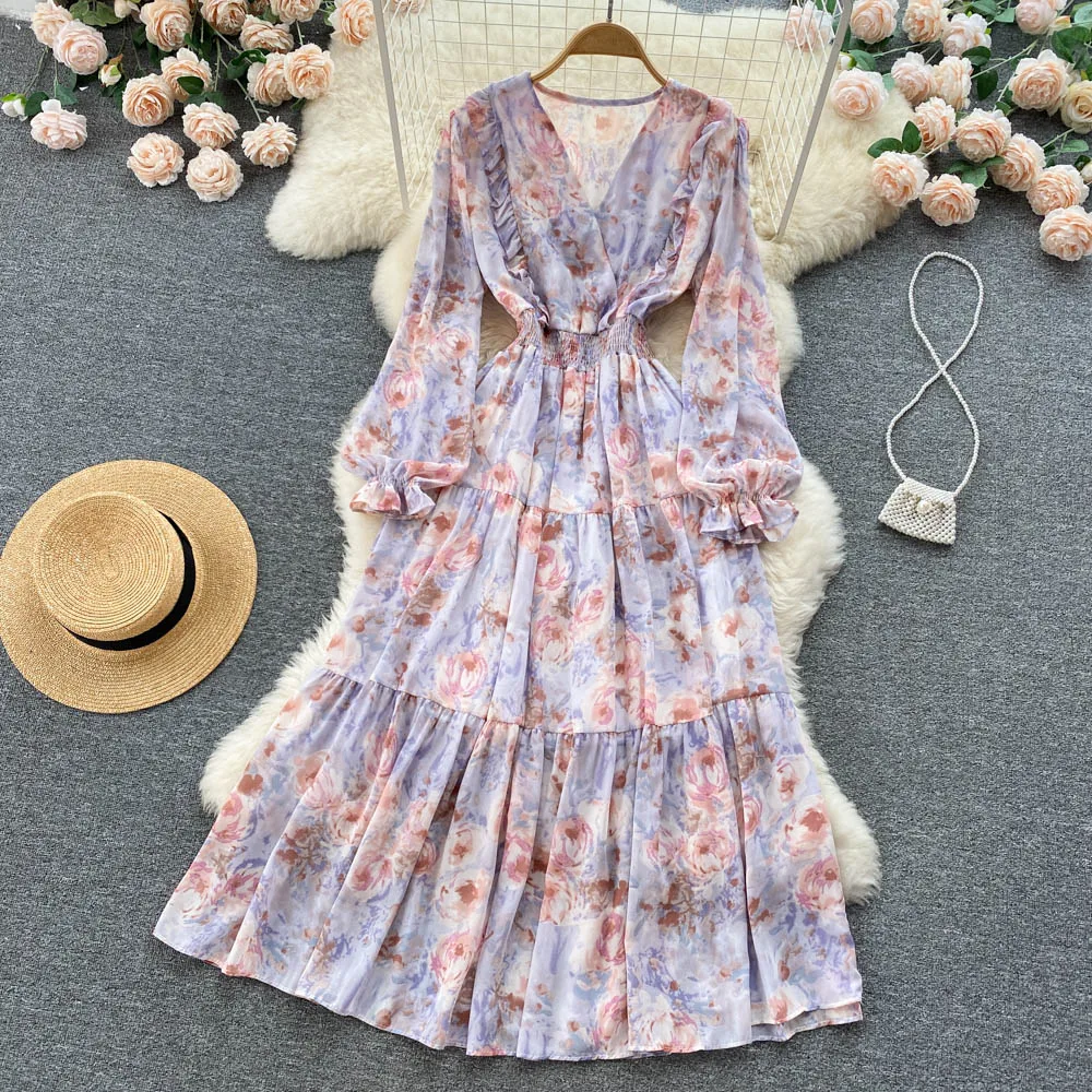 

2022 New Spring Autumn Women Sexy V-Neck Long Sleeve Slim Long Dress Sweet Retro Floral Big Hem Party Dress