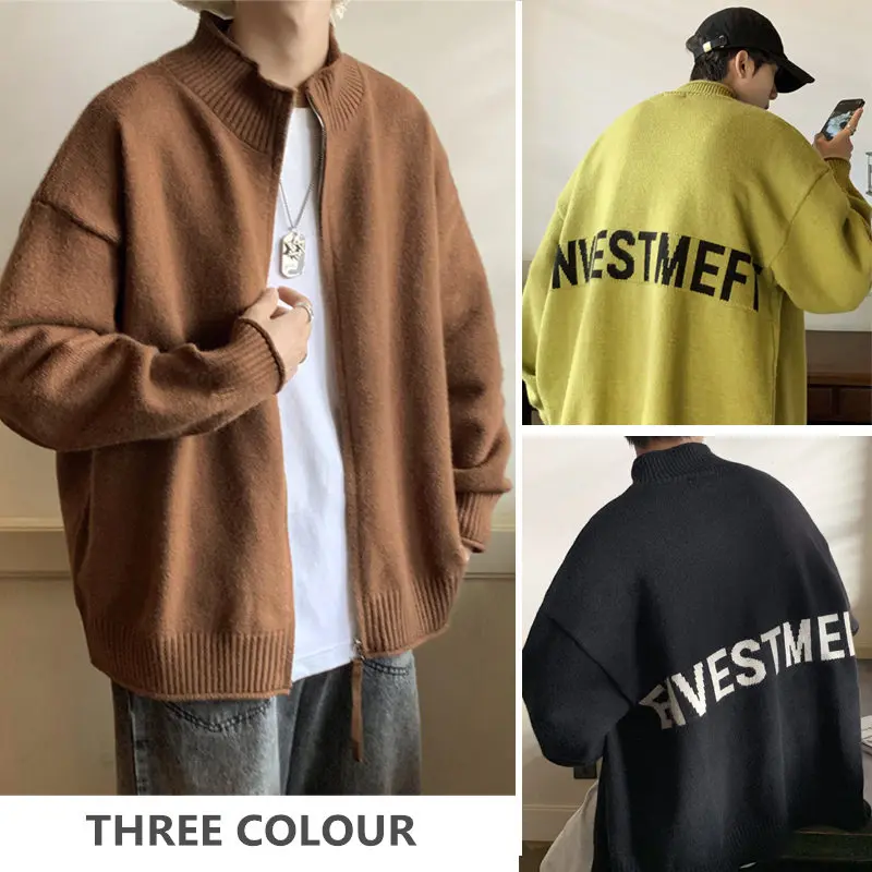 

Back Letter Cardigan Loose Zippered Sweater Lazy Windbreaker Jacket Mens Cardigan