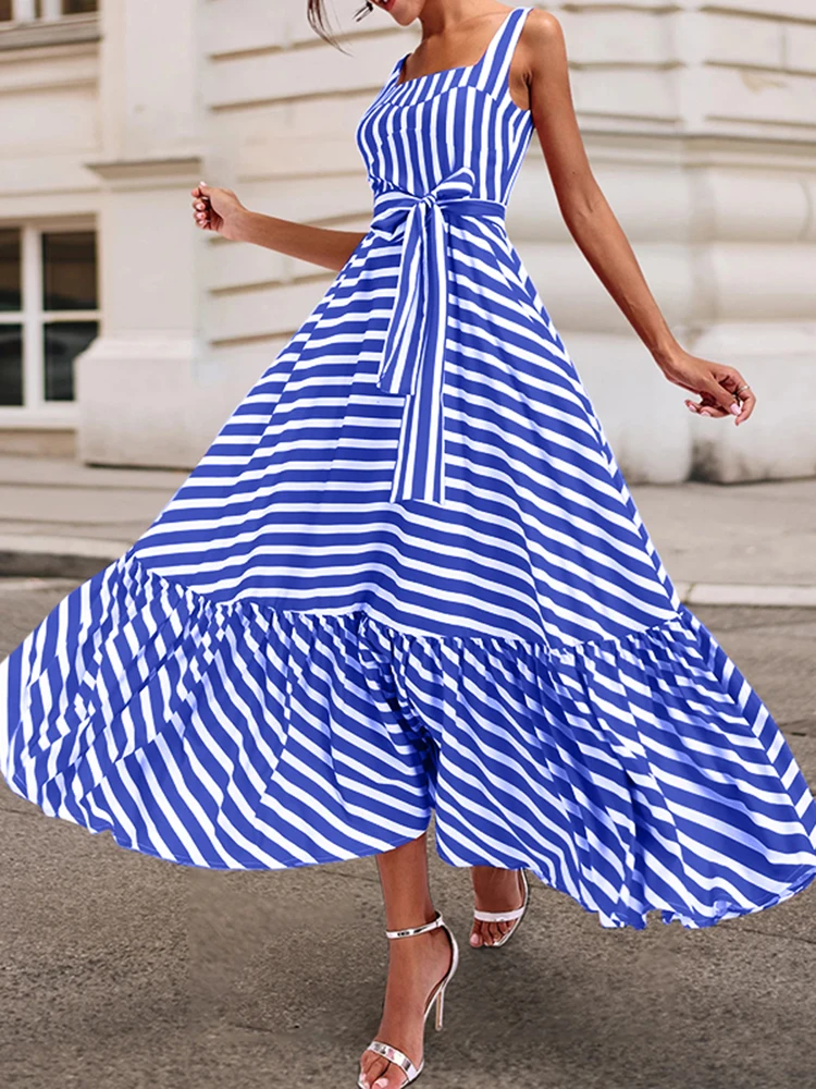 ZANZEA Summer Female Sleeveless Dress Bohemian Stripe Holiday Printed Thin Sundress Elegant Casual Party Beach Kaftan Vestidos |