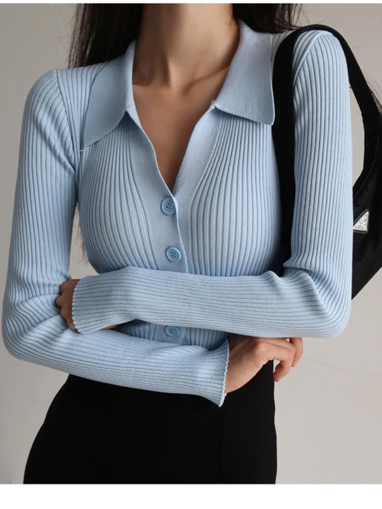 

Fashion Polo Collar Long Sleeve Single Breasted Knitted Cardigan Pullover Woman 2022 Casual High Street Thin White Short Sweater