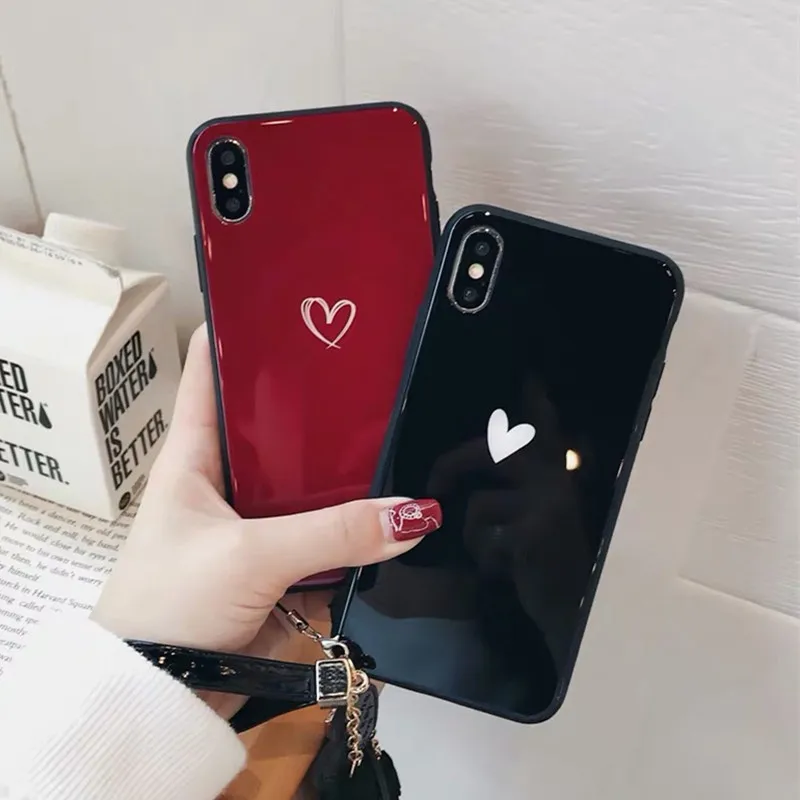 

BONVAN Tempered Glass Case For Huawei Y9 Prime 2019 2018 Hard Cover For Huawei Y6 Y7 Pro 2019 Simple Heart Lanyard Couqe Capa