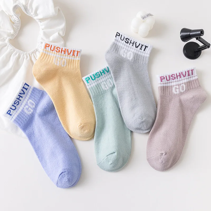 5 pairs of thin summer style female short tube ins trend with pure color letters simple breathable low-top shallow socks