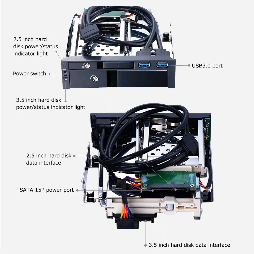 5.25 inch Internal Dual Slot Hard Disk Case Serial ATA HDD/SSD Enclosure Tool-free Design with 2 USB3.0 Ports Safety Locks |