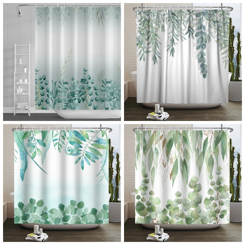 

Eucalyptus Green Shower Curtain Watercolor Leaves Botanical Floral Pattern Durable Waterproof Bathroom Curtain Decorative Hook