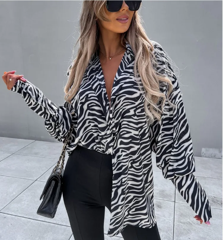 

2023 New Zebra Print Long-sleeved Shirt Women Fashion Loose Polo Shirt Women Tops