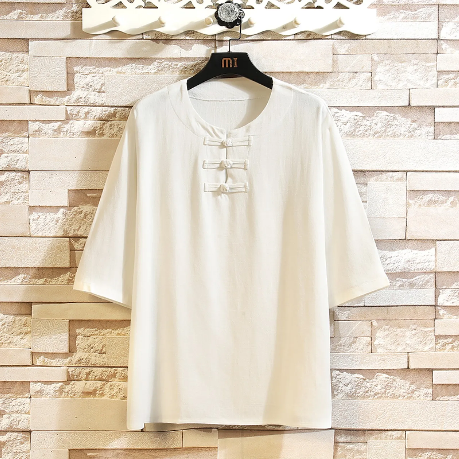 

Male Spring And Autumn Long Sleeve Button Solid Color Three Quarter Sleeve T Shirt Shirt Casual Formal