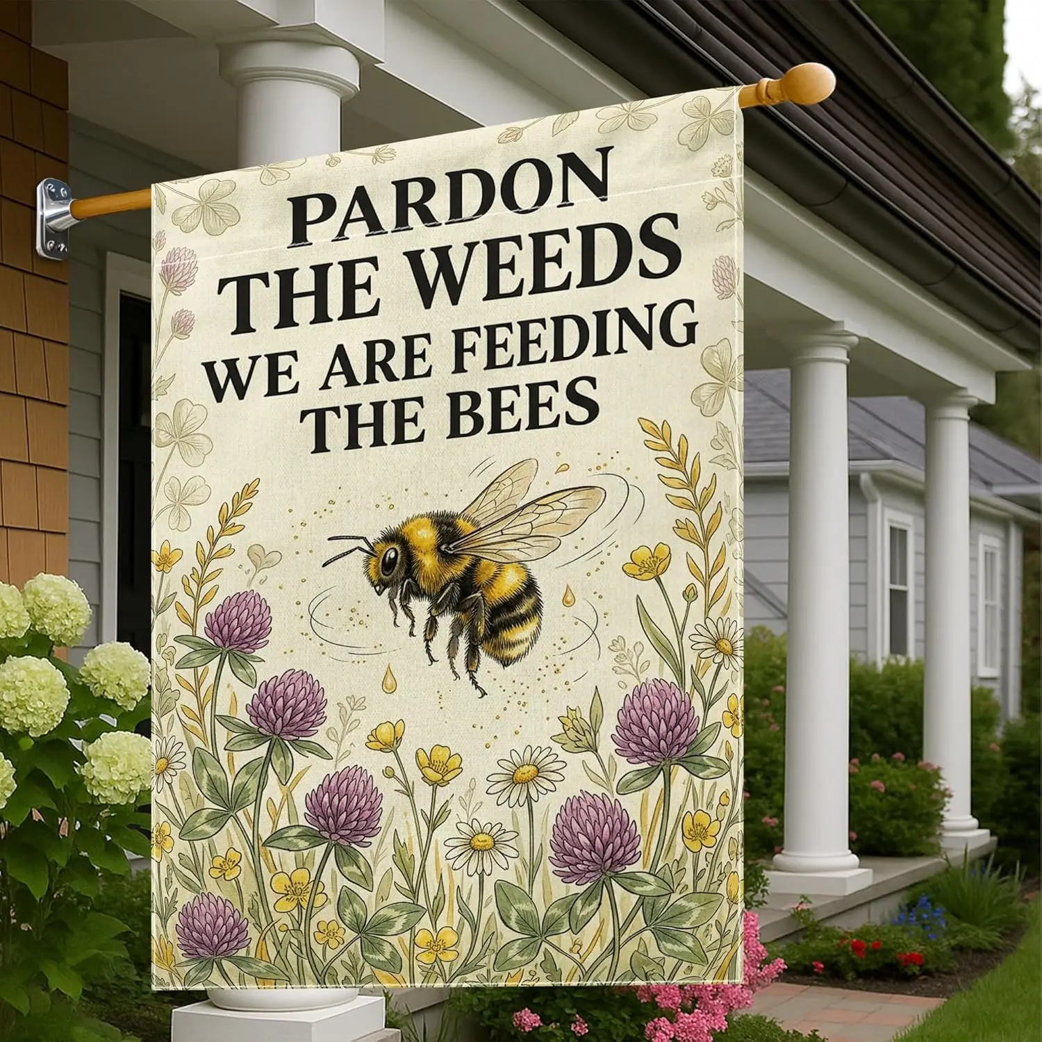 Фото Флаг для сада Bee House, двусторонний, с ботаническим узором из цветов и трав, весенний, желтый, из мешковины, большой, для улицы, AAM №4