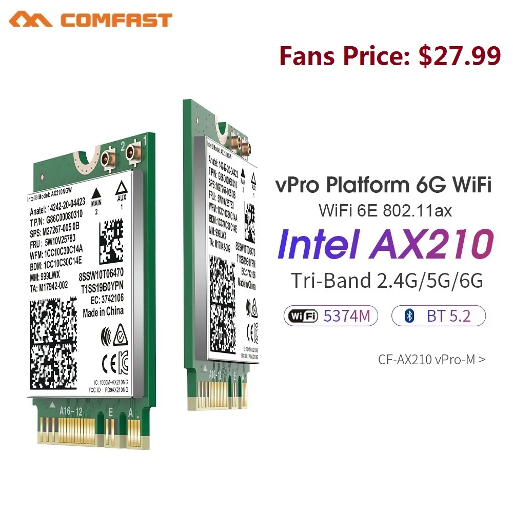 

WiFi6E Intel AX210 vPro платформа 5374 Мбит/с 2,4G и 5,8 ГГц и 6 ГГц трехдиапазонная 802.11ax PCI-E сетевая карта NGFF M.2 модуль Bluetooth 5,2