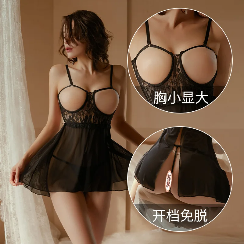 

Women's Erotic Underwear with Chest Leakage Fork Free Sexy Perspective Cut-out Lace Backless Sling Nightdress Stripper Clothes