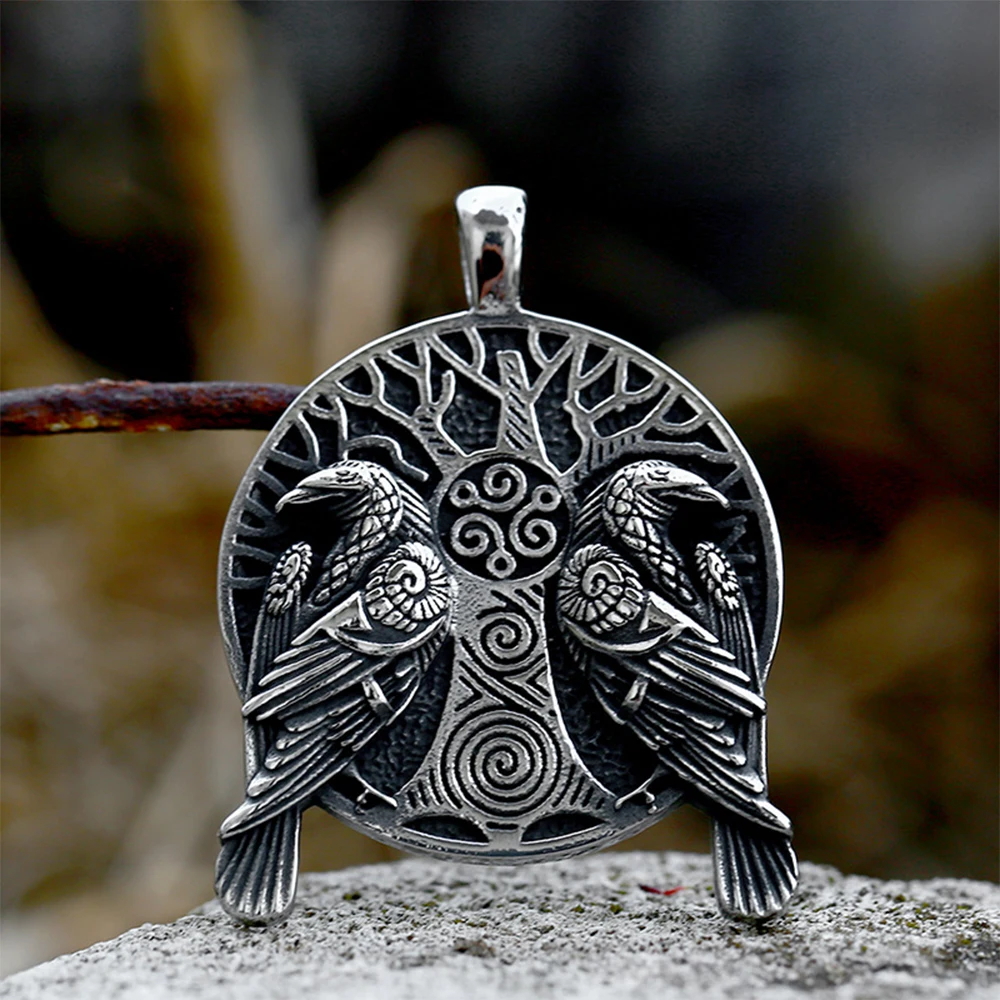 

Norse Odin Huginn And Muninn Raven Pendant Necklace Stainless Steel Vintage Viking Tree of Life Necklace Men Amulet Jewelry